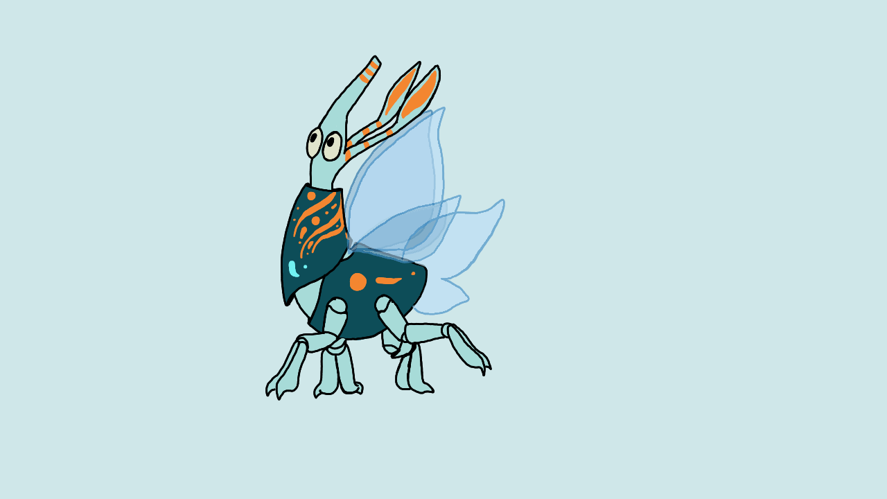 A shipscuttler walking. It is a quadrupedal, insectoid creature with an elongated head, antennae, and translucent wings and tail.